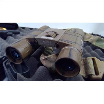 Plano Hard Case, Bushnell 10x25 Binoculars, Dewalt Walkie Talkie, Camo Strap, 4 Pieces