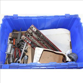 Plastic Tote With Assorted Tools & Equipment, 20+ Pieces