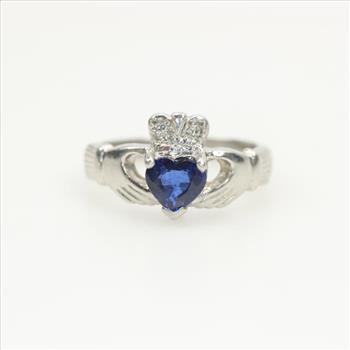 Platinum Diamond And Sapphire Claddagh Hands Ring