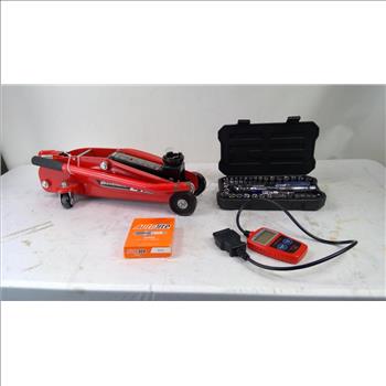 Powerbuilt 2-Ton Floor Jack, Workpro Socket Set, Spark Plug, OBD2 Scanner, 4 Pieces