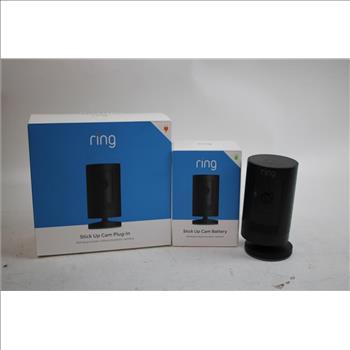 Ring Camera, Ring Stick Up Cam Plug-In, Cam Battery, And Wireless Earbuds, 4 Pieces
