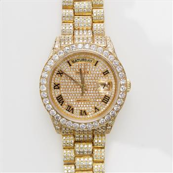 Rolex President Iced-Out 8.12 Cts TW 18Kt Gold Watch Evaluated By Our Certified Gemologist-AGS/GIA