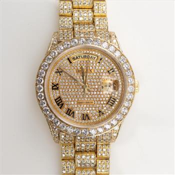 Rolex President Iced-Out 8.12 Cts TW 18Kt Gold Watch Evaluated By Our Certified Gemologist-AGS/GIA