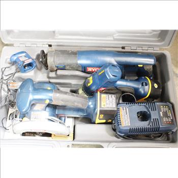 Ryobi P205 Drill Driver, P510 Reciprocating Saw, P501 Circular Saw And Battery Charger
