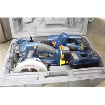 Ryobi P205 Drill Driver, P510 Reciprocating Saw, P501 Circular Saw And Battery Charger