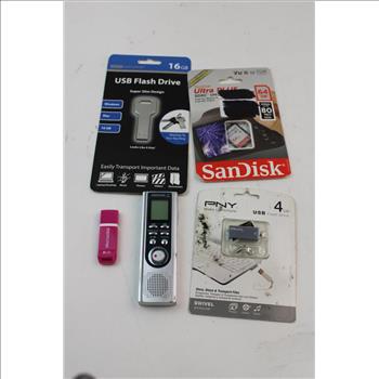 SanDisk Ultra Plus 64gb Sd Card, 4-16gb Usb Flash Drives, & A Memorex Voice Recorder; 4 Pieces