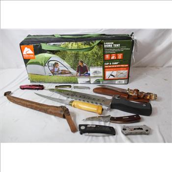 Schrade, Ruko, And Other Knives/Blades, 10 Pieces With Ozark Trail 3-Person Dome Tent