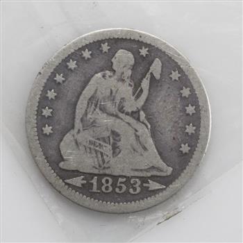 Silver 1853 Seated Liberty Quarter Dollar