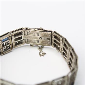 Silver 18g Simmons Vintage Filagree Art Deco Bracelet With Blue Stones