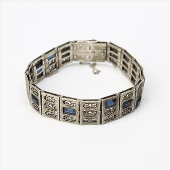 Silver 18g Simmons Vintage Filagree Art Deco Bracelet With Blue Stones