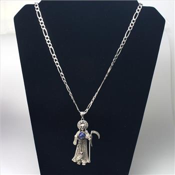 Silver 51.7g La Santa Muerte Pendant On Figaro Chain Necklace