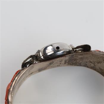 Silver Cuff Coral Accent With Elgin Watch