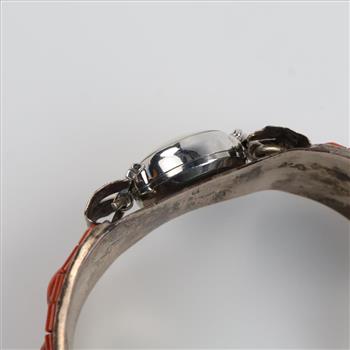 Silver Cuff Coral Accent With Elgin Watch