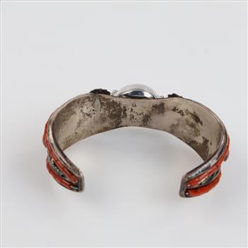 Silver Cuff Coral Accent With Elgin Watch