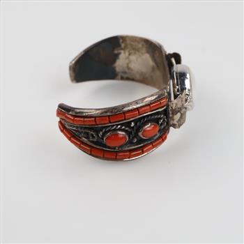 Silver Cuff Coral Accent With Elgin Watch