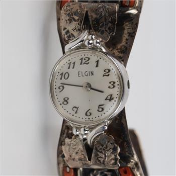 Silver Cuff Coral Accent With Elgin Watch