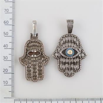 Silver Hamsa Hand Clear Stones Pendant, 2 Pieces