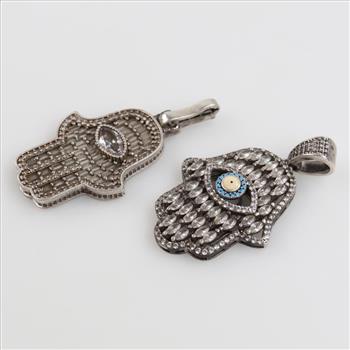 Silver Hamsa Hand Clear Stones Pendant, 2 Pieces