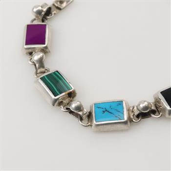 Silver Multi Color Stone Inlay Bracelet