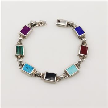 Silver Multi Color Stone Inlay Bracelet