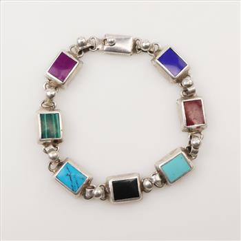 Silver Multi Color Stone Inlay Bracelet
