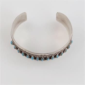 Silver Needlepoint Blue Stone Stamped Cuff