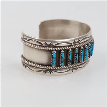 Silver Needlepoint Blue Stone Stamped Cuff