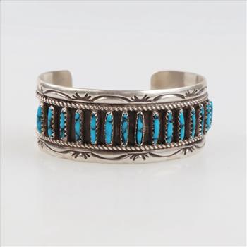 Silver Needlepoint Blue Stone Stamped Cuff