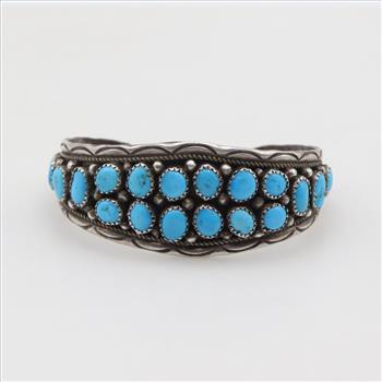 Silver Stamped Turquoise 2 Row Cuff Bracelet