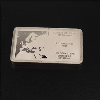 Societe Generale De Banque Belgium Silver Proof 1000 Grain Bar