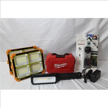 Solar Floodlights, Door Stop Alarm, Husky Work Light, Milwaukee Hole Saw Kit, 5 Pieces