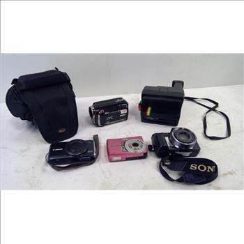 Sony, Canon, Polaroid Digital Cameras, JVC Camcorder, Polaroid 600 Land Camera, 5 Pieces