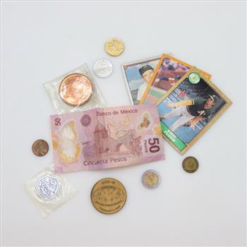 Sport Trading Cards, US, Foreign Token And Currency, 12 Pieces