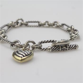 Sterling Silver & 18kt Gold 23g David Yurman Cable Heart Charm Bracelet