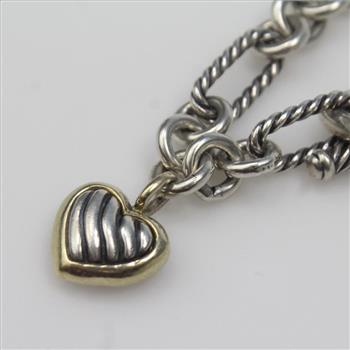 Sterling Silver & 18kt Gold 23g David Yurman Cable Heart Charm Bracelet