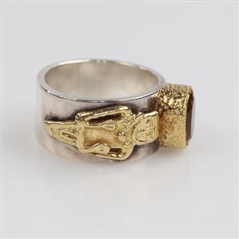 Sterling Silver 18kt Gold Accent Orange Stone Ring