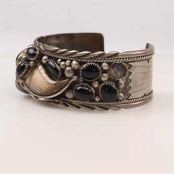 Sterling Silver Black Onyx And Bear Claw Cuff Bracelet