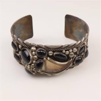 Sterling Silver Black Onyx And Bear Claw Cuff Bracelet