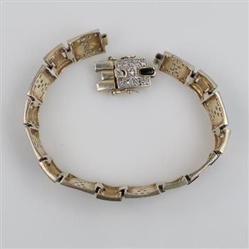 Sterling Silver Black Stone Clear Stone Accent Panel Link Bracelet
