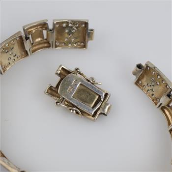 Sterling Silver Black Stone Clear Stone Accent Panel Link Bracelet
