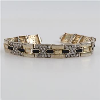 Sterling Silver Black Stone Clear Stone Accent Panel Link Bracelet