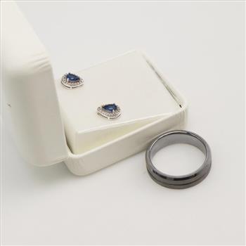 Sterling Silver Blue Stone Diamond Accent Earrings And Fashion Ring