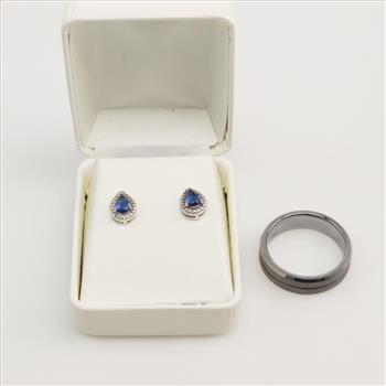 Sterling Silver Blue Stone Diamond Accent Earrings And Fashion Ring