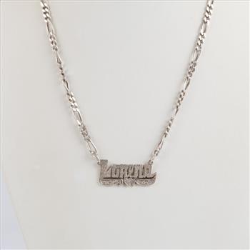 Sterling Silver Clear Stone Figaro Chain Name Plate Necklace