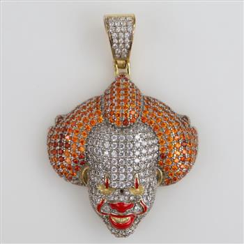 Sterling Silver Clear Stone Orange Stone Encrusted Red Enamel Accent Hollow Pennywise Pendant