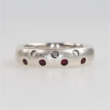 Sterling Silver Diamond And Red Stone Ring