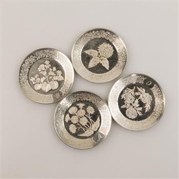Sterling Silver Engraved Miniature Plates, 4 Pieces