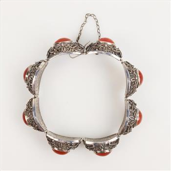 Sterling Silver Filigree Panel Red Stone Bracelet