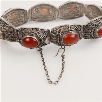 Sterling Silver Filigree Panel Red Stone Bracelet