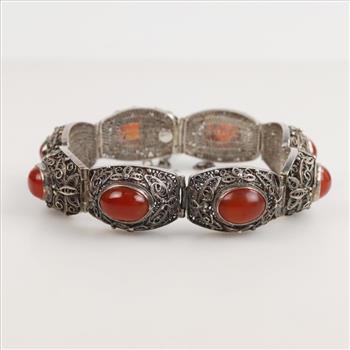 Sterling Silver Filigree Panel Red Stone Bracelet